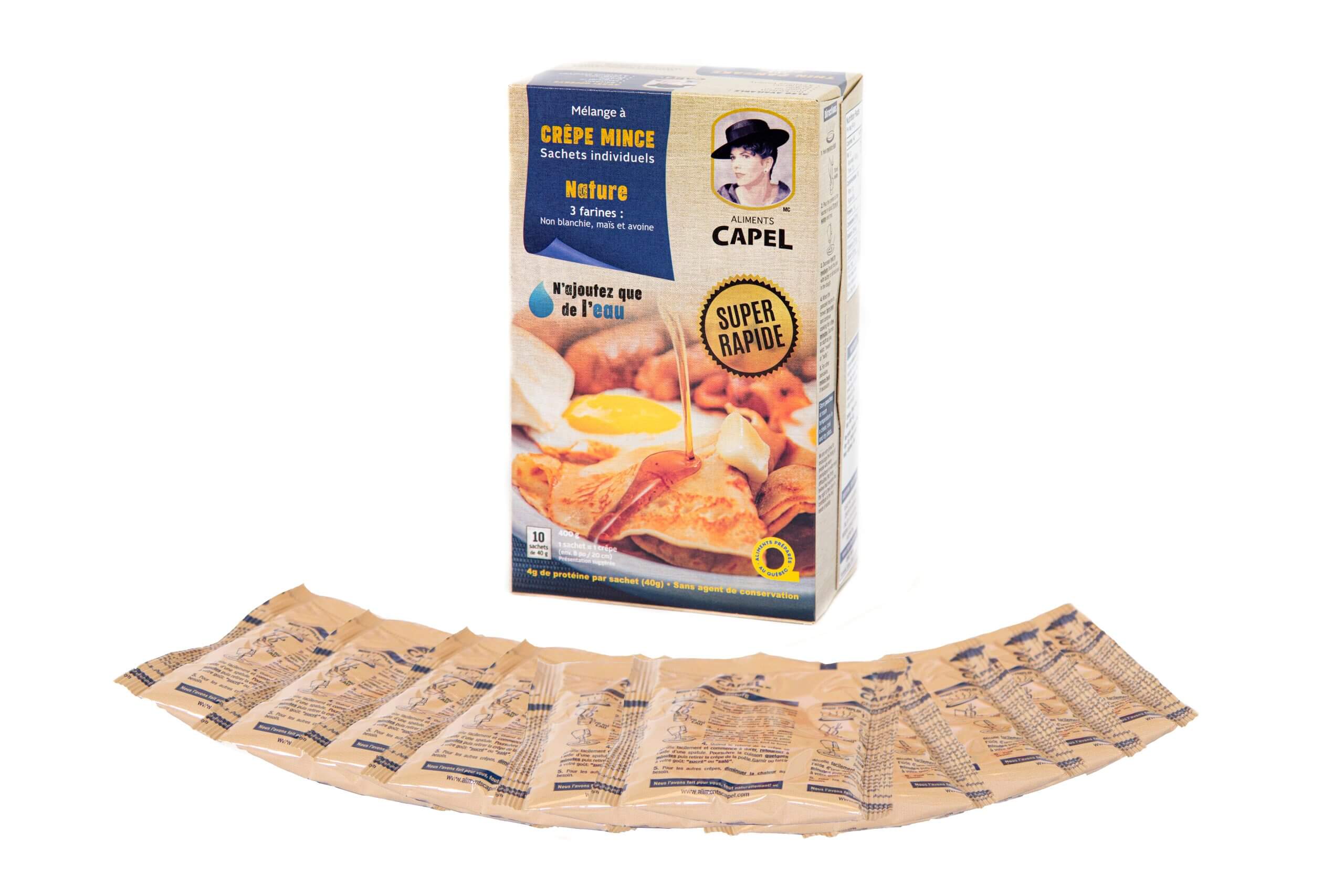 Une boîte de 10 sachets individuels de mélange à crêpe mince, le produit phare d'Aliments Capel.