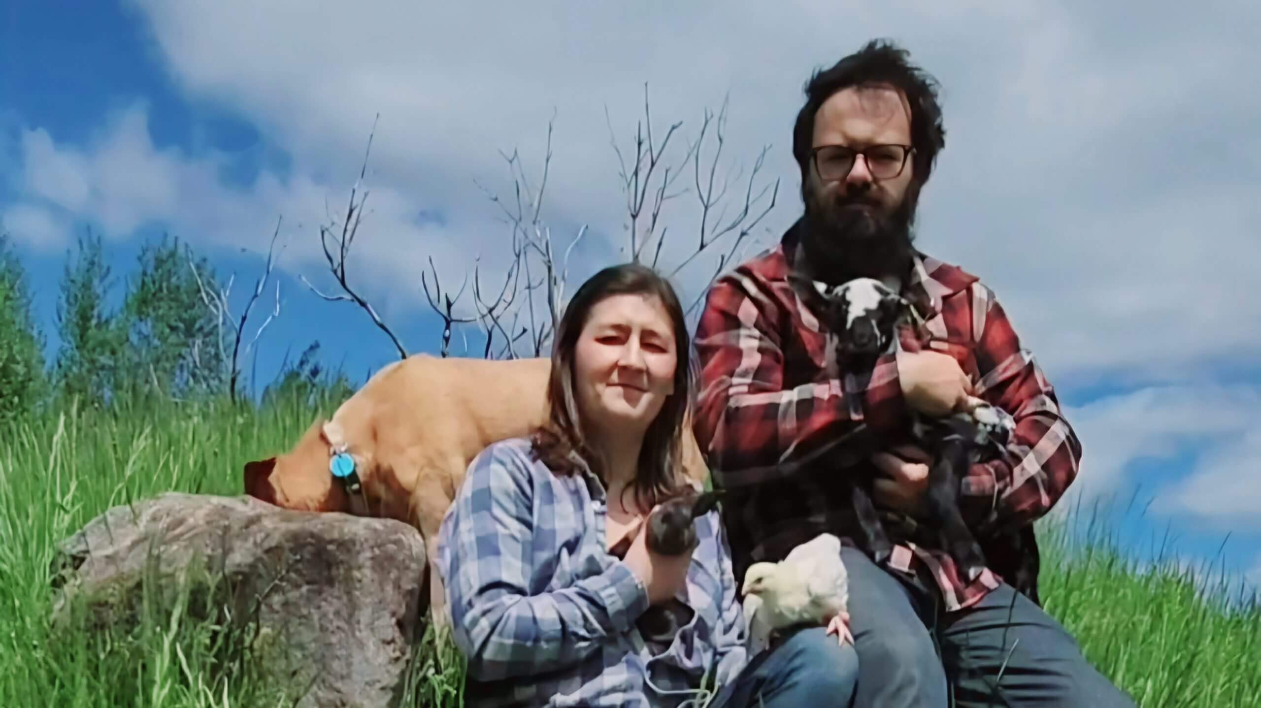 Les deux propriétaires de la Paysannerie RE sur leur propriété en compagnie de certains de leurs animaux : un agneau, un lapin et un poulet.