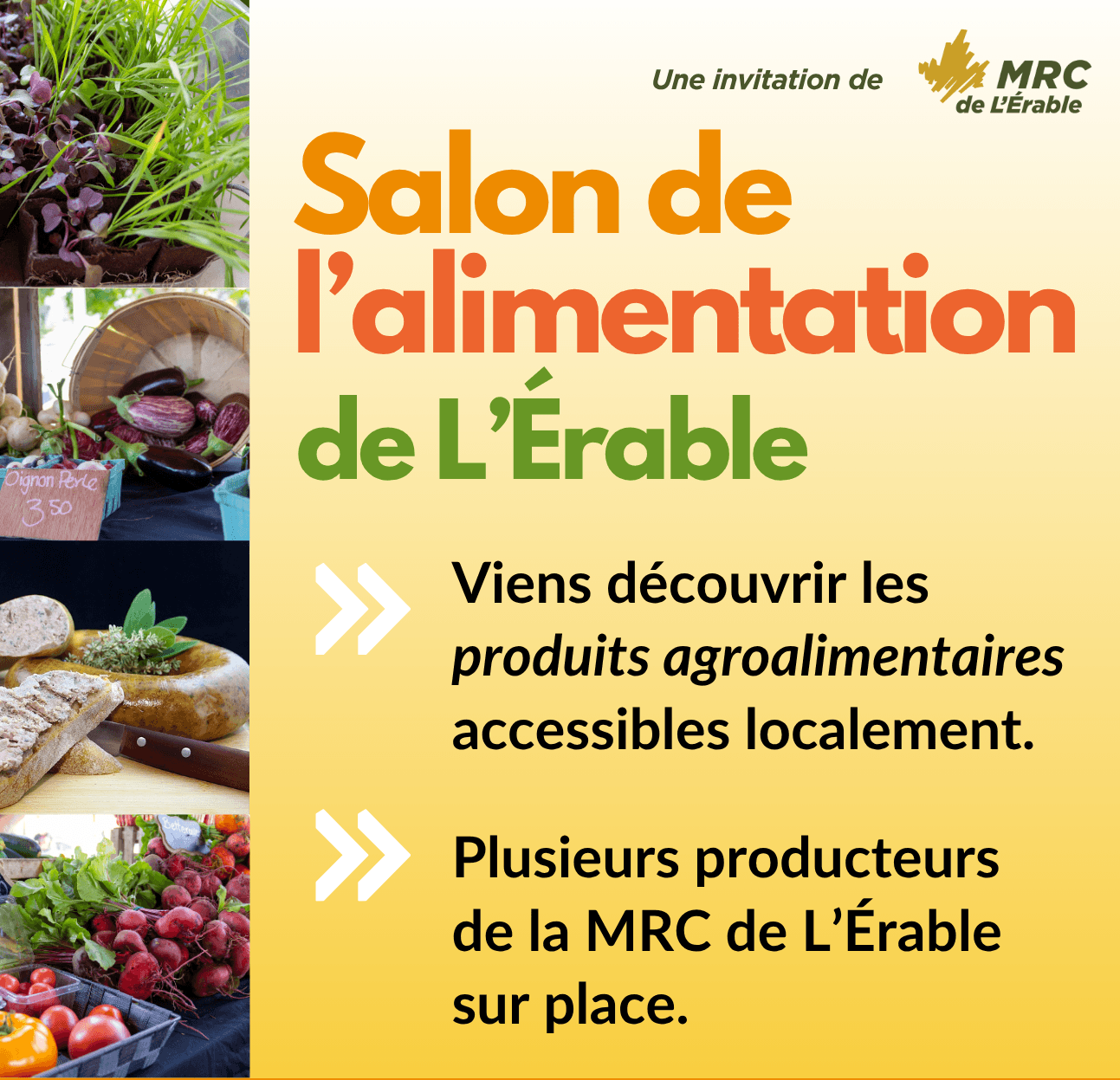Affiche du Salon de l'alimentation de L'Érable invitant les consommateurs à venir découvrir des producteurs de la MRC de L'Érable et leurs produits.