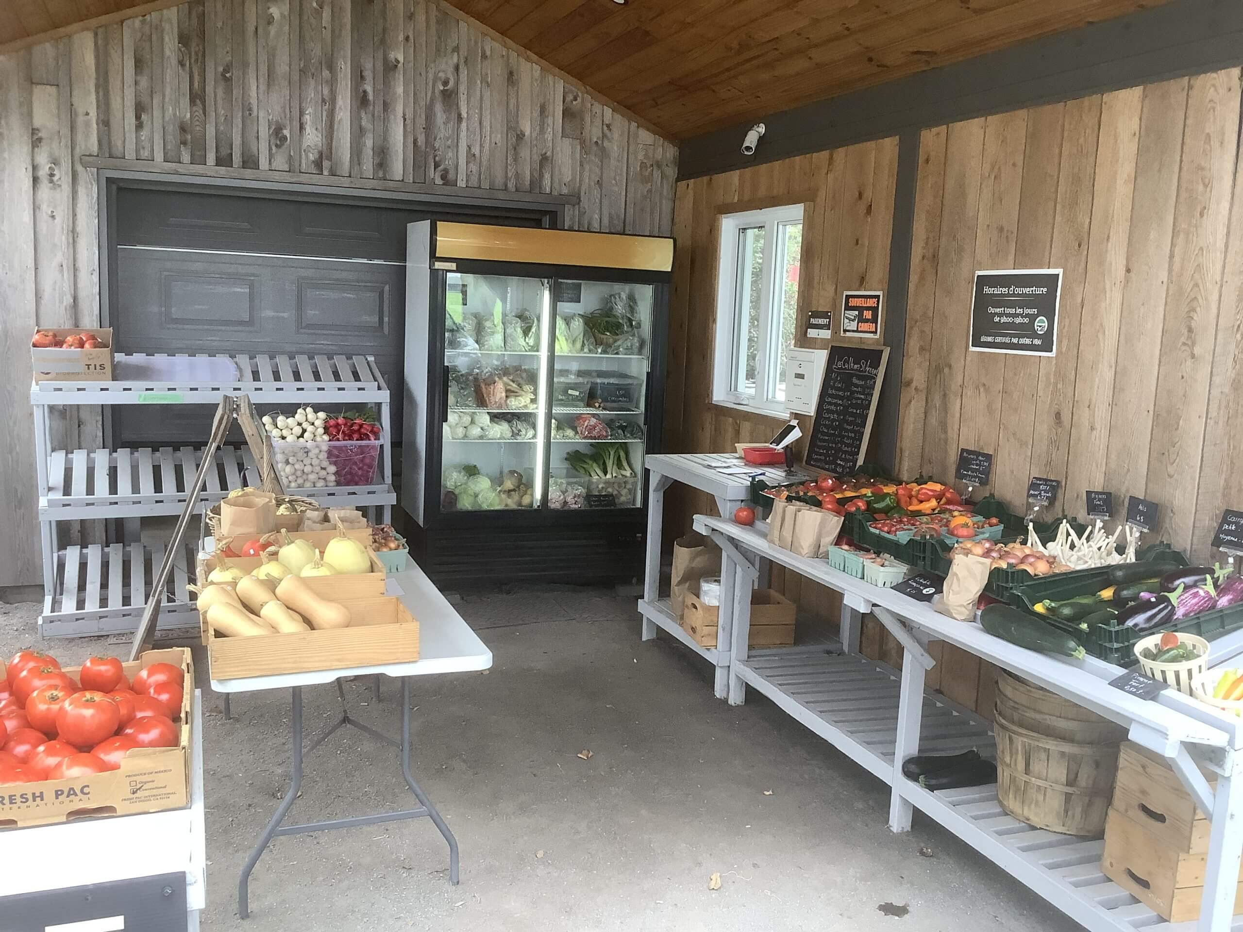 L'intérieur de la boutique des Cultures St-Arnaud, avec ses tables remplies de légumes frais.