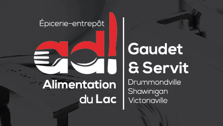 Encart d'Alimentation du Lac énumérant l'emplacement de ses différentes succursales : Drummondville, Shawinigan et Victoriaville.